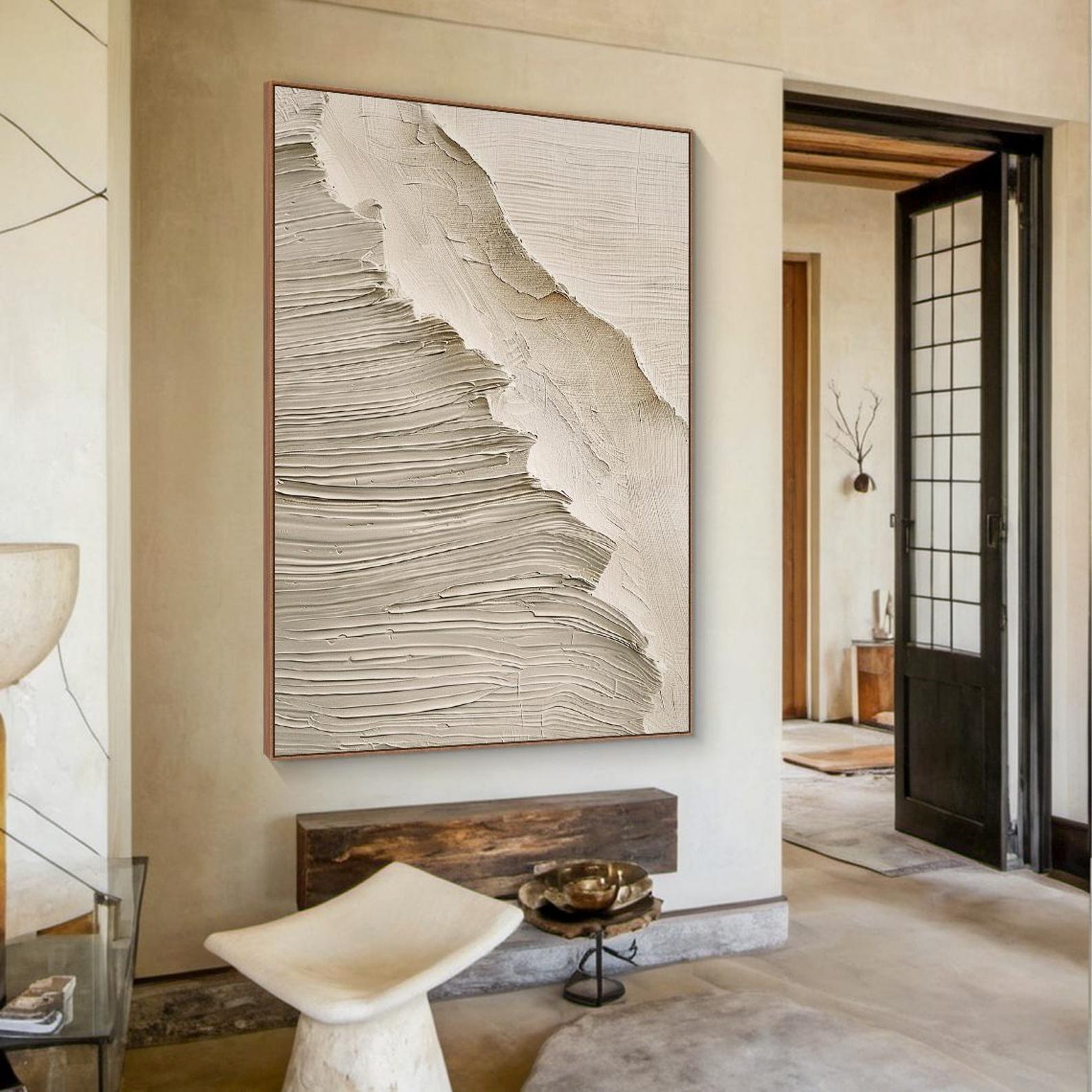 Large Beige Minimalist Canvas Abstract Painting, Beige Wabi-sabi Wall ...