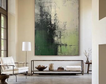 Grüne abstrakte Malerei auf Leinwand, moderne strukturierte Wandkunst, neutrales minimalistisches Kunstwerk für Wohnzimmerdekor