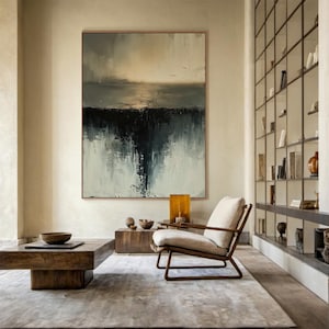 Large black canvas abstract painting, original grey minimalist wabi-sabi wall painting, beige abstract art, modern living room decor