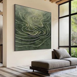 K&ouml;nnte beinhalten: Abstrakter Kunstdruck mit einem gr&uuml;n-wei&szlig;en Farbschema. Der Druck zeigt ein wirbelndes Muster aus Linien, das an eine Landschaft erinnert.