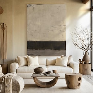 Large Wabi Sabi Wall Art, Beige and Black Minimalist Textured Canvas Painting, Modern Japandi Abstract Artwork for Living Room