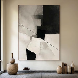 Beige minimalist wabi-sabi wall art, large grey abstract art, black textured wall art, hand-painted gift, living room decor