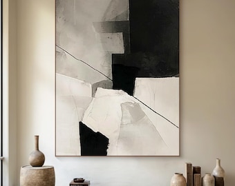 May include: Abstract painting with black and white geometric shapes on a white background. The painting has a modern and minimalist style.