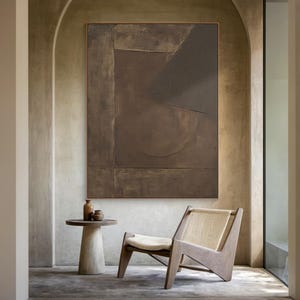 Brown Geometric Wabi-Sabi Painting, Textured Abstract Canvas Art, Minimalist Earth Tone Wall Decor for Living Room or Office