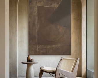 Brown Geometric Wabi-Sabi Painting, Textured Abstract Canvas Art, Minimalist Earth Tone Wall Decor for Living Room or Office