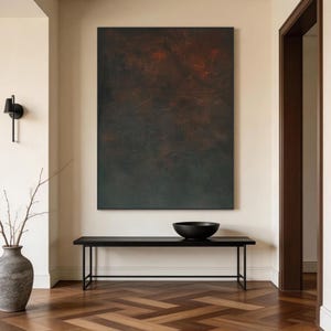 Pintura abstracta en negro y verde, lienzo con textura de óxido, decoración de pared oscura contemporánea, obra de arte moderna de gran tamaño.