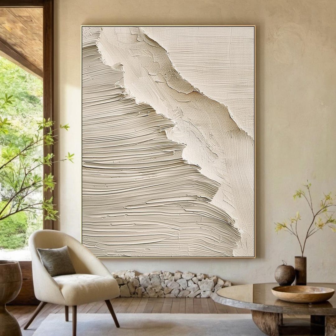 Large Beige Minimalist Canvas Abstract Painting, Beige Wabi-sabi Wall ...