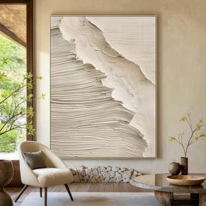Grande peinture abstraite sur toile minimaliste beige, art mural wabi-sabi beige, art abstrait texturé 3D beige, décoration d'intérieur moderne
