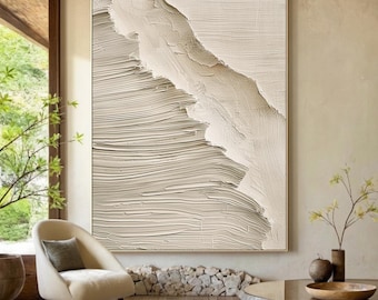 Large beige minimalist canvas abstract painting, beige wabi-sabi wall art, beige 3D textured abstract art, modern home decor