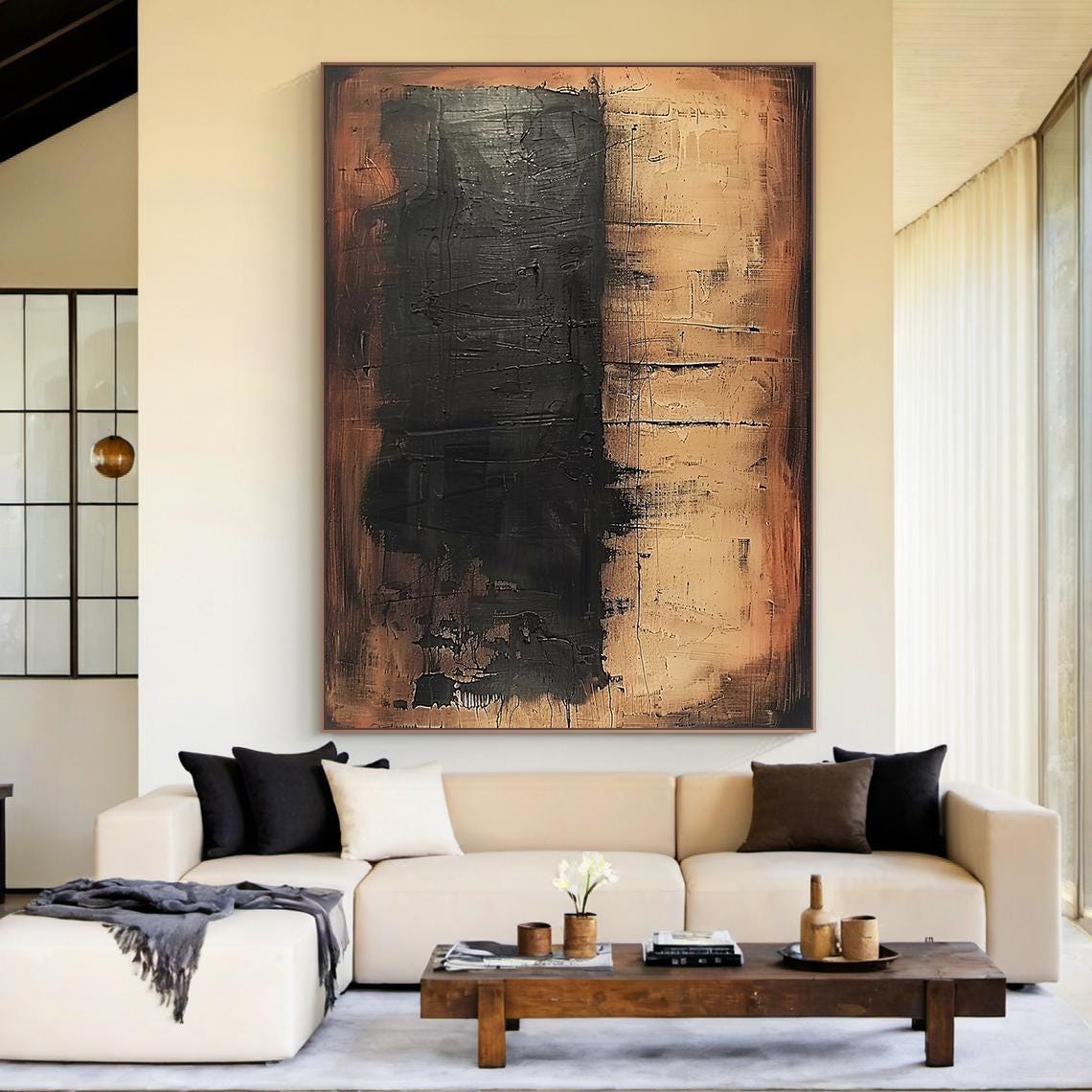Large Wabi Sabi Abstract Painting, Neutral Black Textured Canvas Art ...