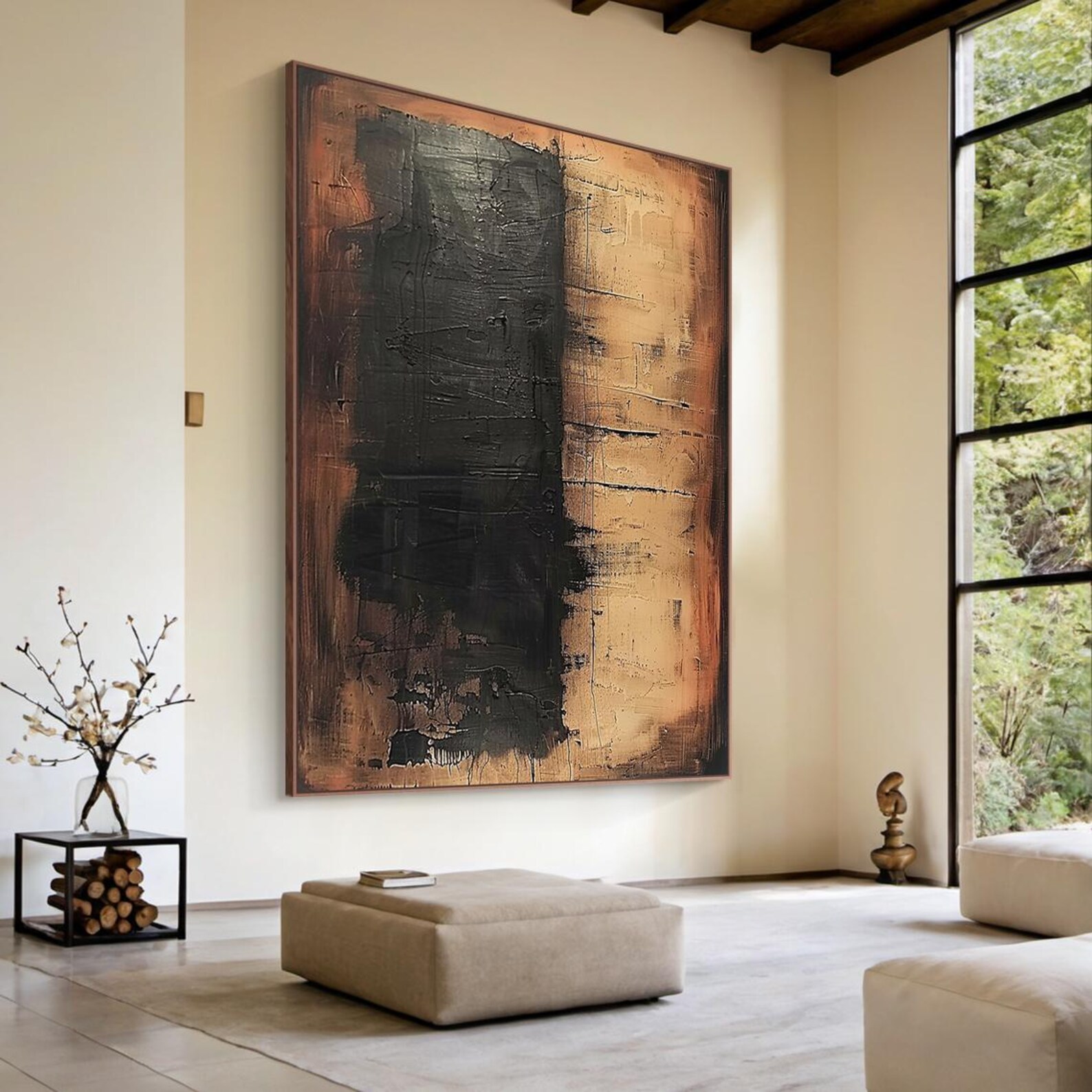 Large Wabi Sabi Abstract Painting, Neutral Black Textured Canvas Art ...