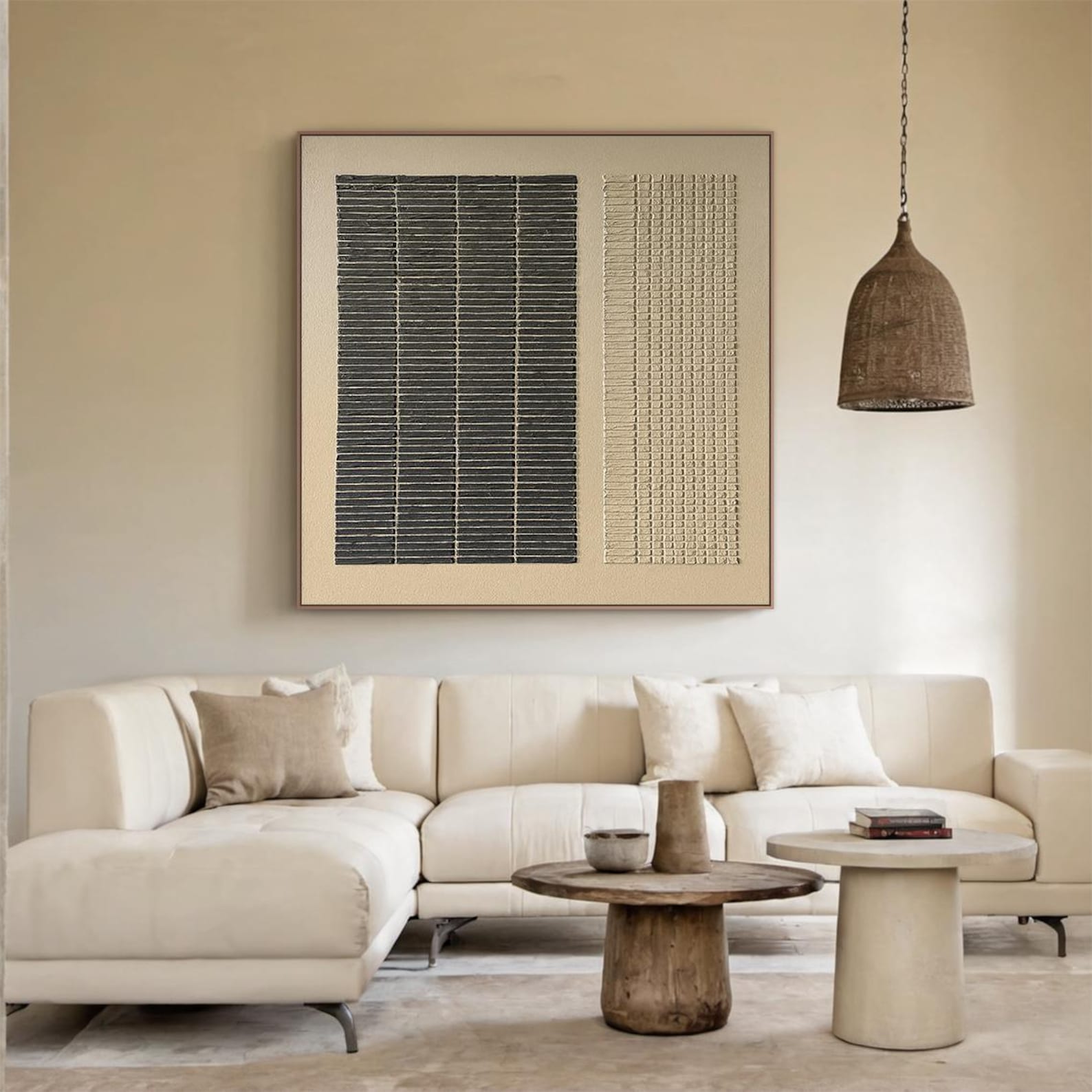 Visual Reference: Large Minimalist Textured Painting Modern Black And Beige 3D Abstract
