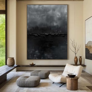 Art mural noir wabi sabi, peinture à l'huile abstraite minimaliste grise, grande toile noire, grande texture 3D, art mural abstrait noir moderne