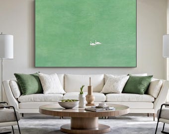 Große grüne minimalistische Wandkunst, zwei Schwäne Malerei, moderne ruhige Natur Leinwanddekor