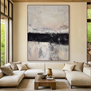 Arte de pared minimalista en beige de estilo wabi-sabi, arte abstracto en beige de gran tamaño, arte de pared con textura negra, pintura abstracta en beige, decoración de sala de estar