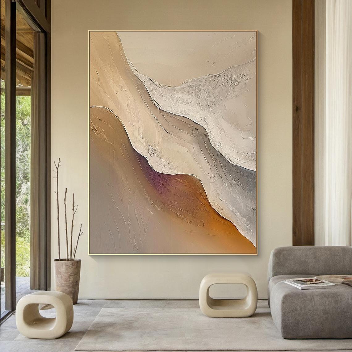 Large Original Beige Minimalist Canvas Abstract Painting, Light Brown ...