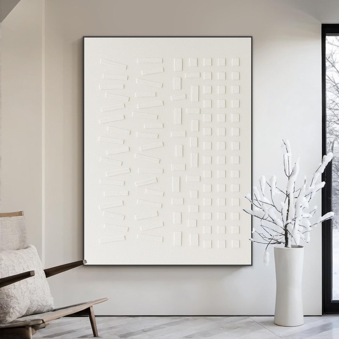 Large Minimalist White Abstract Texture Painting - 3D Geometric Wall ...