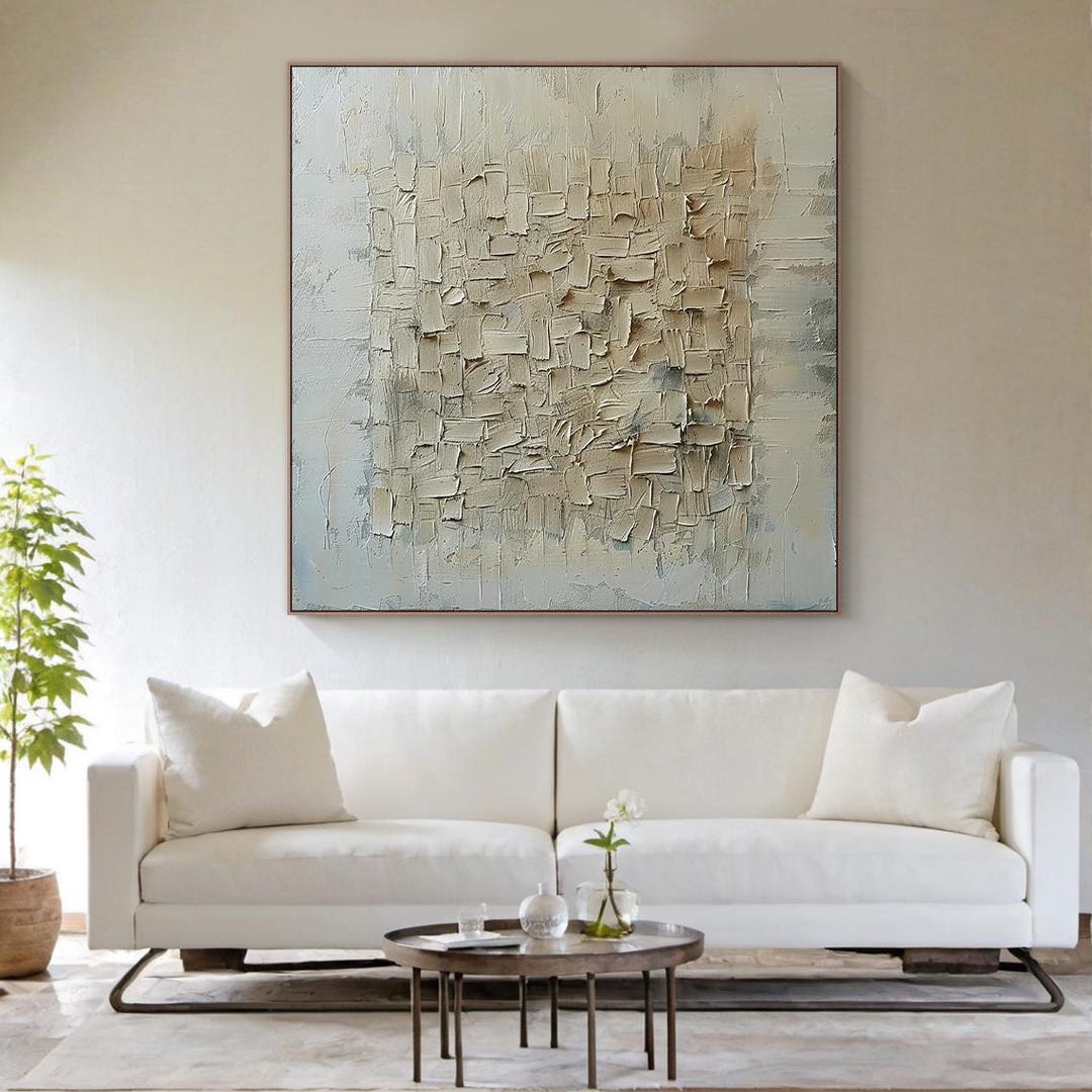 Large Neutral Abstract Painting on Canvas, Beige White Textured Wall ...