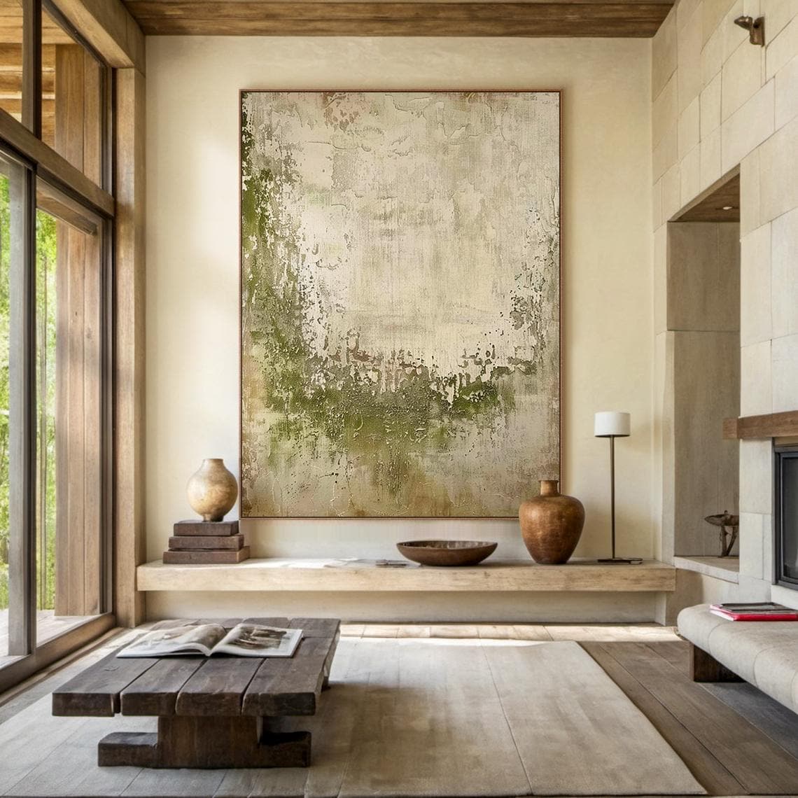 Beige Wabi Sabi Wall Art Green Beige Abstract Painting Large Green Simple Wall Art Beige Textured Canvas Painting Neutral Wall Art Decor