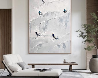 Modern ski abstract painting - large winter sports canvas wall art, minimalist textured oil painting artwork for living room decor