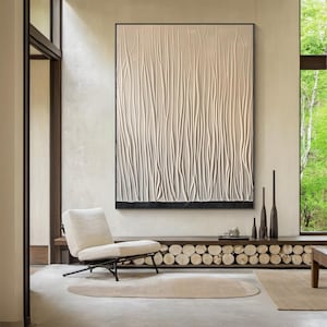 Original beige abstract oil painting, beige textured minimalist wabi-sabi wall art, black decorative painting, modern interior decoration