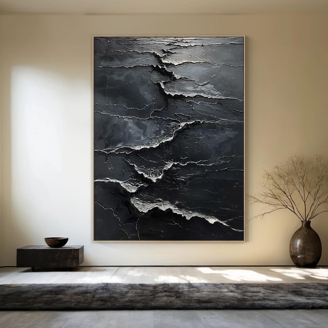 Black Wabi Sabi Wall Art Black Minimalist Abstract Oil Painting Canvas ...