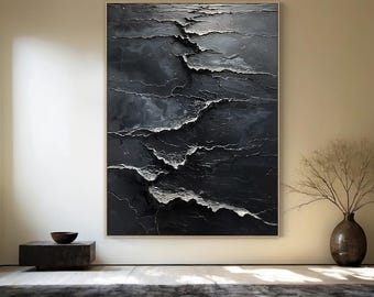Black Wabi Sabi Wall Art Black Minimalist Abstract Oil Painting Canvas Black 3D Texture Wall Art Modern Black Abstract Wall Art