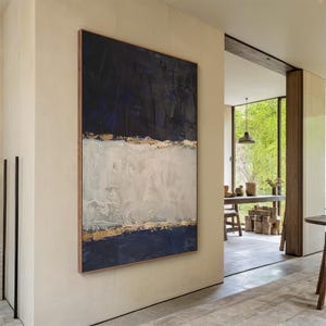 Gran pintura al óleo abstracta negra, arte de pared minimalista wabi-sabi negro, decoración moderna beige, sala de estar moderna y elegante, decoración del hogar