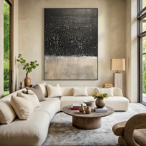 Original schwarzes abstraktes Ölgemälde, schwarze minimalistische Wabi-Sabi Wandkunst, beiges modernes Dekor, zeitgenössisches Interieur