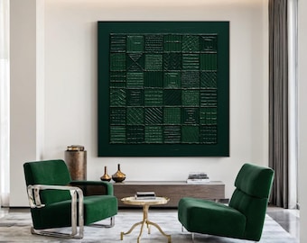 Large Green Textured Wall Art - Square Geometric 3D Abstract Canvas Painting, Modern Living Room or Luxury Office Decor