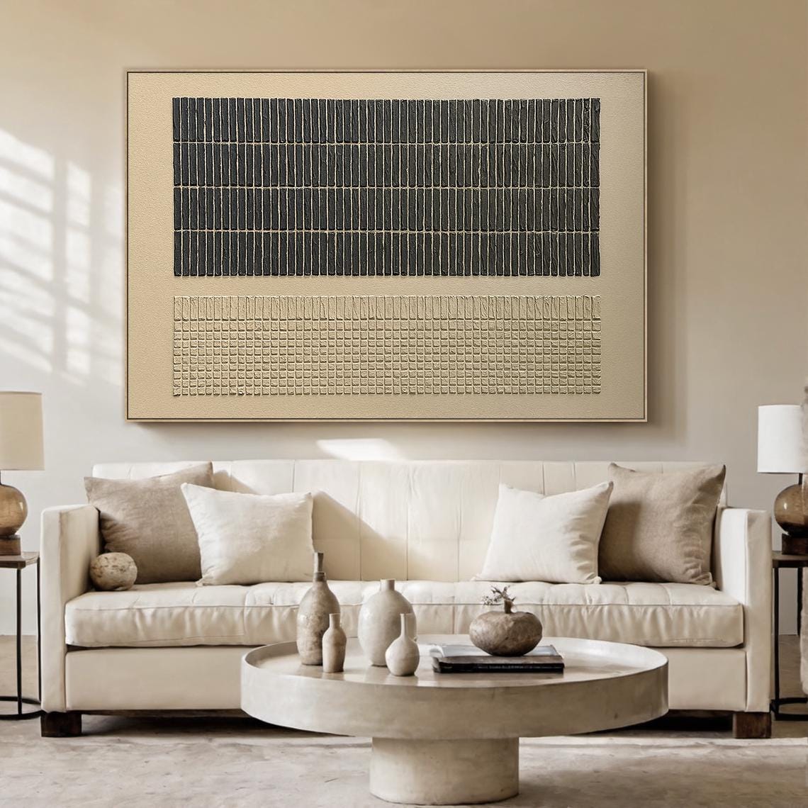 Curated visual reference: Picture Idea: Large Minimalist Textured Painting Modern Black And Beige 3D Abstract
