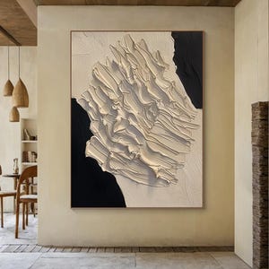 Original pure beige abstract oil painting, beige textured minimalist wabi-sabi wall art, black modern decor, contemporary interior