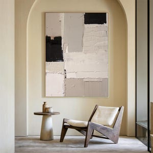 Original khaki abstract oil painting, beige textured minimalist wabi-sabi wall art, black modern decor, contemporary living room decor