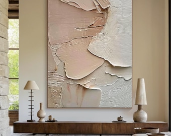 Large light pink wall art, abstract painting on beige canvas, light pink minimalist wall art, ivory textured painting, living room decor