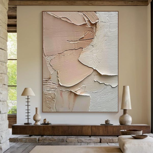 Large light pink wall art, abstract painting on beige canvas, light pink minimalist wall art, ivory textured painting, living room decor