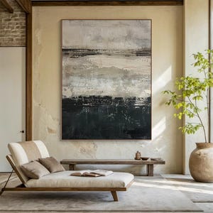 Beige minimalist wabi-sabi wall art, large beige abstract art, black textured wall art, original black abstract painting, living room decor