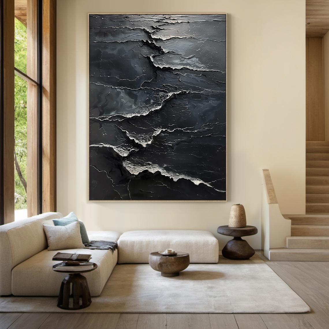 Black Wabi Sabi Wall Art Black Minimalist Abstract Oil Painting Canvas ...