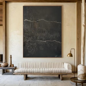 Large black wabi-sabi wall art decor, black abstract wall art decor, original white textured wall art, modern home decor