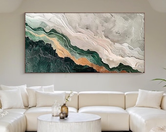 Großes abstraktes grün-goldenes Bild, moderne Kunst auf Leinwand, horizontale Landschaftskunst