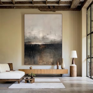 Large black minimalist canvas abstract painting, original grey wabi-sabi wall painting, beige textured abstract art, modern home decor
