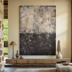Taupe minimalist wabi-sabi style wall art, large taupe abstract art, black textured wall art, black abstract painting, living room decor