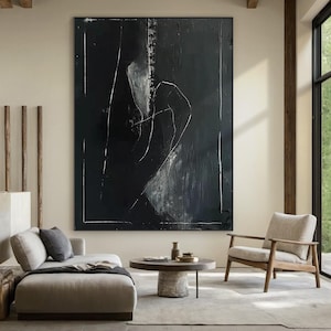 Large black minimalist canvas abstract painting, original black wabi-sabi wall painting, black textured abstract art, modern home decor
