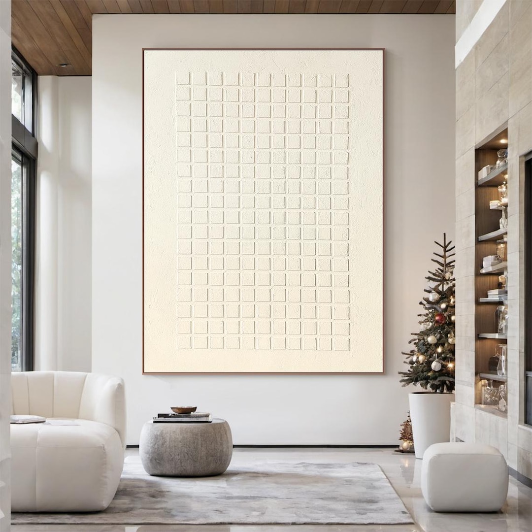Large White Textured Abstract Painting – Modern Minimalist 3D Grid ...