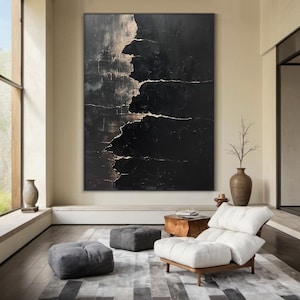 Large black minimalist abstract oil painting decoration painting, grey beige texture wabi sabi wall art, modern home decor