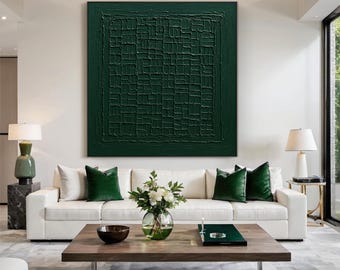 Large Dark Green Geometric Textured Canvas Wall Art | Modern 3D Abstract Painting for Living Room Contemporary Luxury Home Decor