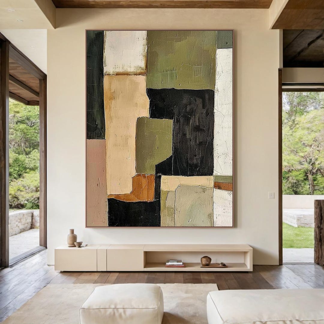Textured Abstract Canvas Wall Art, Large Green Beige Geometric Painting ...