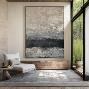 Large black minimalist canvas abstract painting, original grey wabi-sabi wall painting, beige textured abstract art, modern home decor