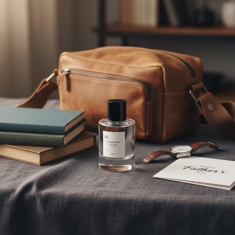 Pu&ograve; includere: Una natura morta con una borsa in pelle marrone, un flacone di profumo trasparente con tappo nero, un orologio in pelle marrone e un biglietto per la festa del pap&agrave;. Diversi libri sono impilati a sinistra. Su una superficie grigia.