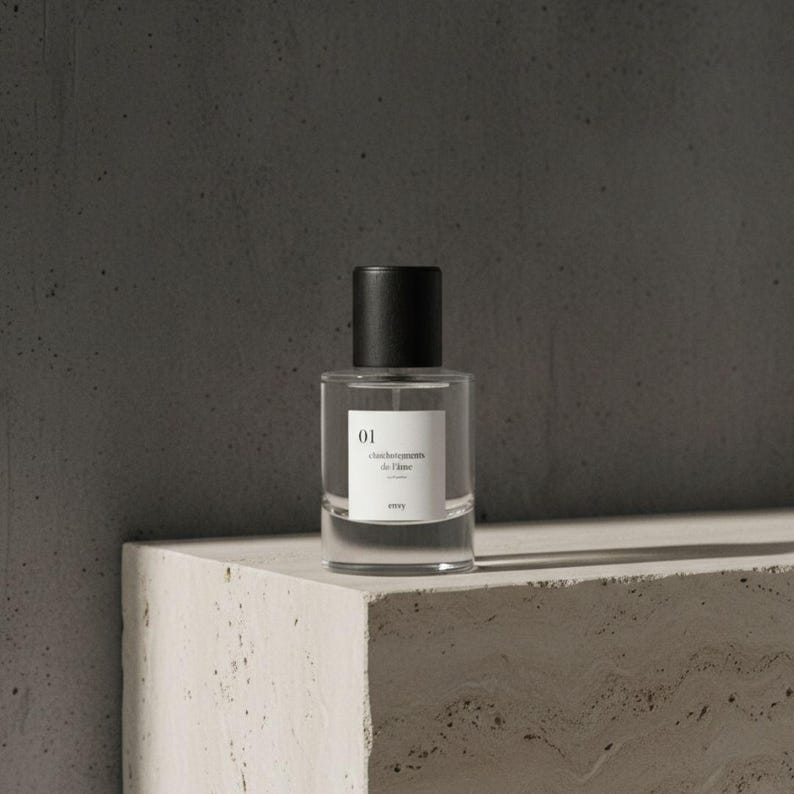 Pu&ograve; includere: Un flacone di profumo in vetro trasparente con tappo nero, etichettato "01" e "changements de l'&acirc;me". Il flacone &egrave; appoggiato su una superficie bianca strutturata contro uno sfondo grigio scuro. La parola "envy" &egrave; stampata in basso sull'etichetta.