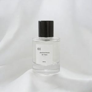 Pu&ograve; includere: Un flacone di profumo trasparente con tappo nero. Il flacone ha un'etichetta bianca con il numero "01", il testo "chuchotements de l'&acirc;me" e la parola "envy". &Egrave; posto su uno sfondo bianco drappeggiato.